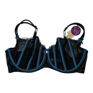 CACIQUE Seriously Sexy Balconette Bra sz 40DDD Black‎ Lace w/Teal Boning & Bows